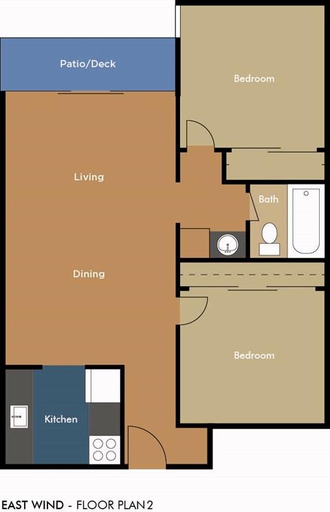Floor plan for 2 beds, 1 bath, 650 sqft